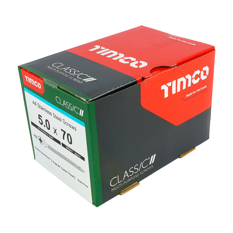 This is an image showing TIMCO Classic Multi-Purpose Screws - PZ - Double Countersunk - A4 Stainless Steel
 - 5.0 x 70 - 200 Pieces Box available from T.H Wiggans Ironmongery in Kendal, quick delivery at discounted prices.