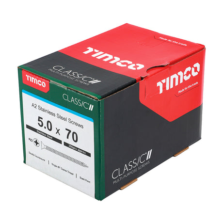 This is an image showing TIMCO Classic Multi-Purpose Screws - PZ - Double Countersunk - A2 Stainless Steel
 - 5.0 x 70 - 200 Pieces Box available from T.H Wiggans Ironmongery in Kendal, quick delivery at discounted prices.