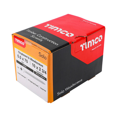This is an image showing TIMCO Solo Chipboard & Woodscrews - PZ - Double Countersunk - Yellow - 5.0 x 70 - 200 Pieces Box available from T.H Wiggans Ironmongery in Kendal, quick delivery at discounted prices.