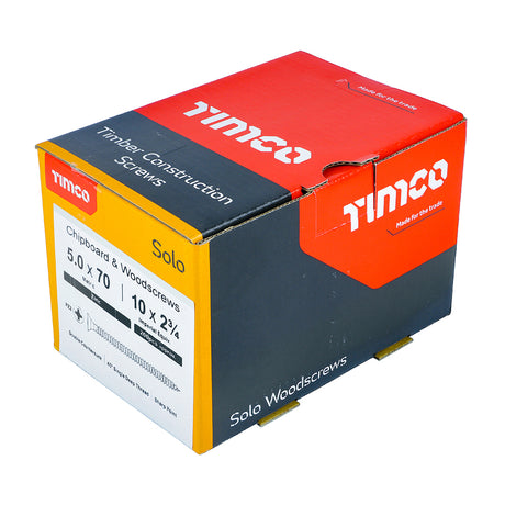 This is an image showing TIMCO Solo Chipboard & Woodscrews - PZ - Double Countersunk - Zinc - 5.0 x 70 - 200 Pieces Box available from T.H Wiggans Ironmongery in Kendal, quick delivery at discounted prices.