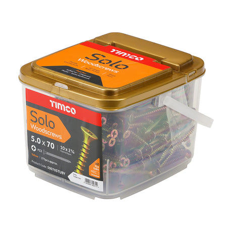 This is an image showing TIMCO Solo Woodscrews - PZ - Double Countersunk - Yellow - 5.0 x 70 - 375 Pieces Tub available from T.H Wiggans Ironmongery in Kendal, quick delivery at discounted prices.