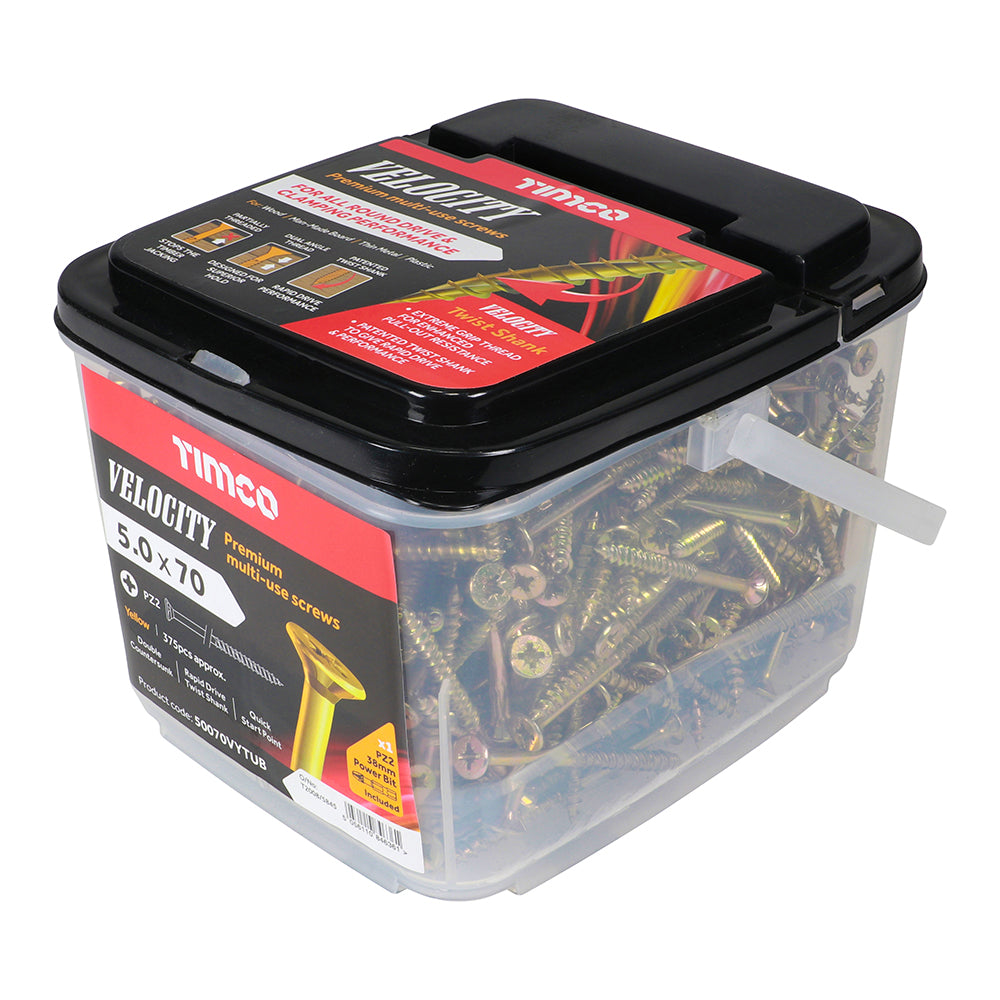 This is an image showing TIMCO Velocity Premium Multi-Use Screws - PZ - Double Countersunk - Yellow
- 5.0 x 70 - 375 Pieces Tub available from T.H Wiggans Ironmongery in Kendal, quick delivery at discounted prices.