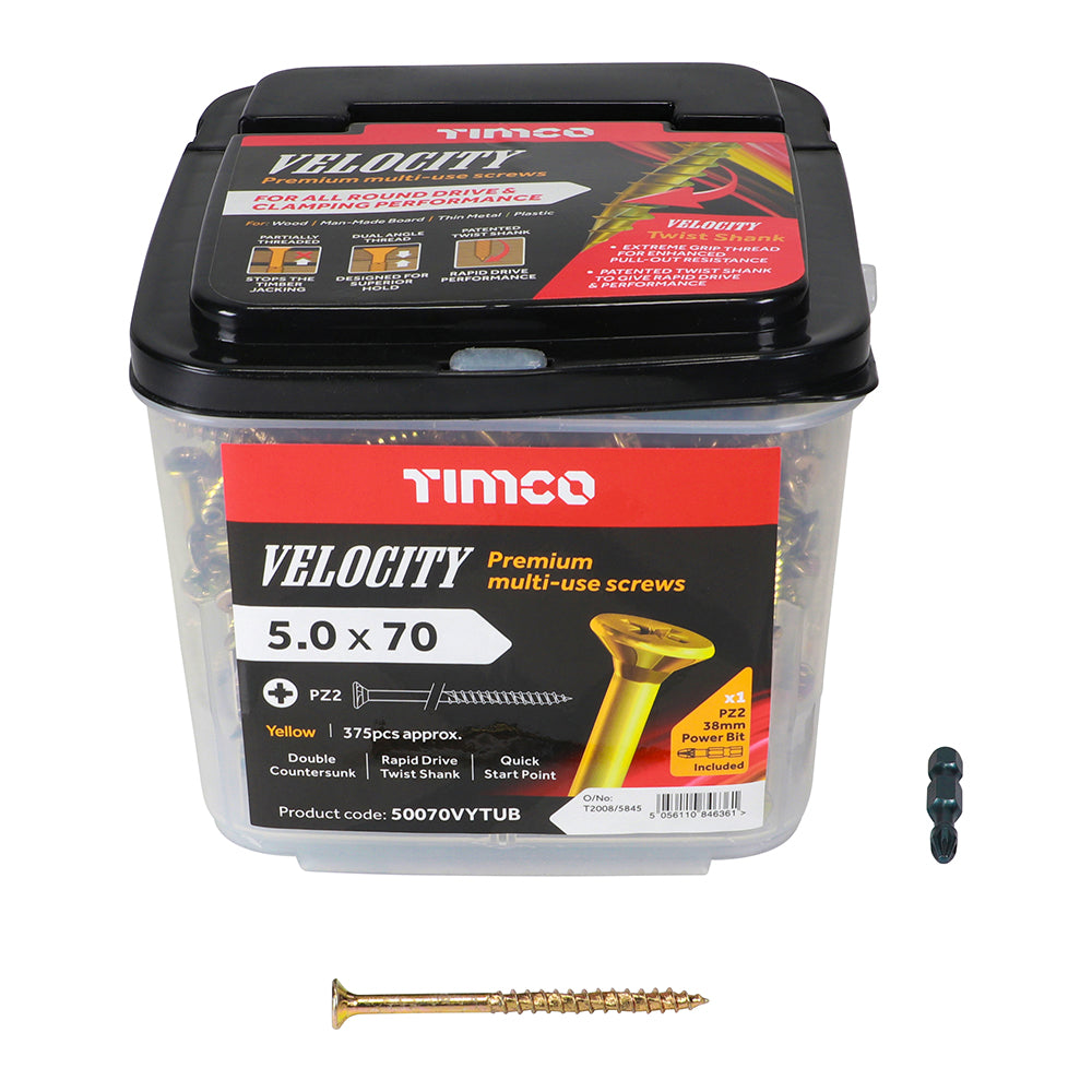 This is an image showing TIMCO Velocity Premium Multi-Use Screws - PZ - Double Countersunk - Yellow
- 5.0 x 70 - 375 Pieces Tub available from T.H Wiggans Ironmongery in Kendal, quick delivery at discounted prices.