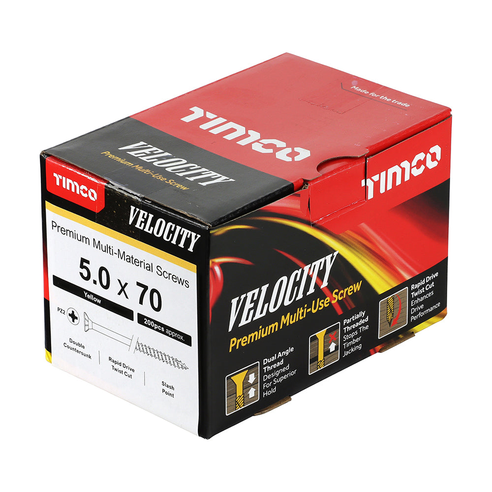This is an image showing TIMCO Velocity Premium Multi-Use Screws - PZ - Double Countersunk - Yellow
- 5.0 x 70 - 200 Pieces Box available from T.H Wiggans Ironmongery in Kendal, quick delivery at discounted prices.