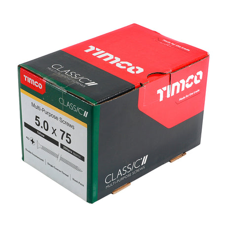 This is an image showing TIMCO Classic Multi-Purpose Screws - PZ - Double Countersunk - Yellow - 5.0 x 75 - 200 Pieces Box available from T.H Wiggans Ironmongery in Kendal, quick delivery at discounted prices.