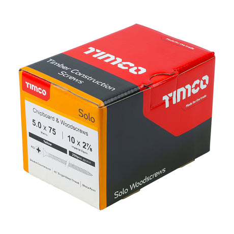 This is an image showing TIMCO Solo Chipboard & Woodscrews - PZ - Double Countersunk - Yellow - 5.0 x 75 - 200 Pieces Box available from T.H Wiggans Ironmongery in Kendal, quick delivery at discounted prices.