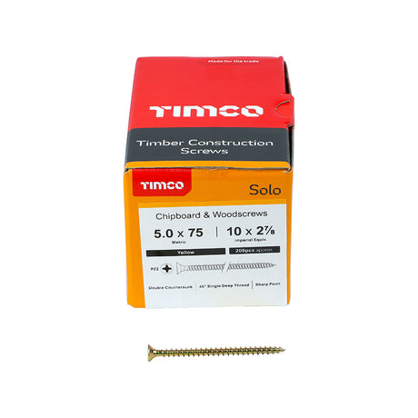 This is an image showing TIMCO Solo Chipboard & Woodscrews - PZ - Double Countersunk - Yellow - 5.0 x 75 - 200 Pieces Box available from T.H Wiggans Ironmongery in Kendal, quick delivery at discounted prices.