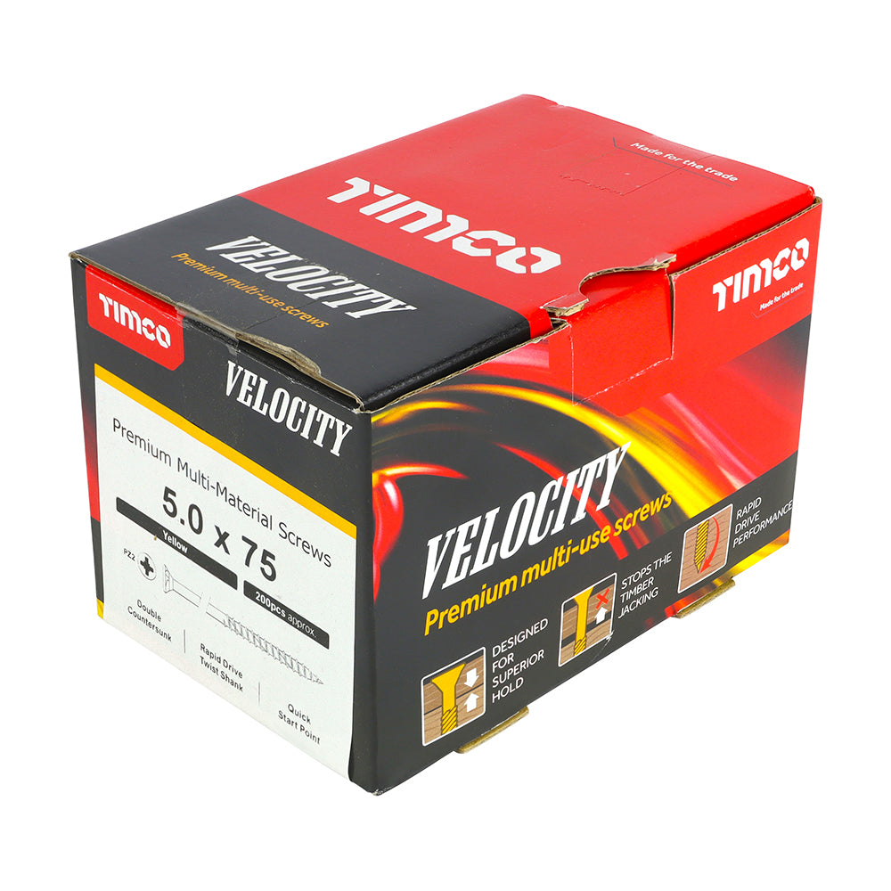 This is an image showing TIMCO Velocity Premium Multi-Use Screws - PZ - Double Countersunk - Yellow
- 5.0 x 75 - 200 Pieces Box available from T.H Wiggans Ironmongery in Kendal, quick delivery at discounted prices.