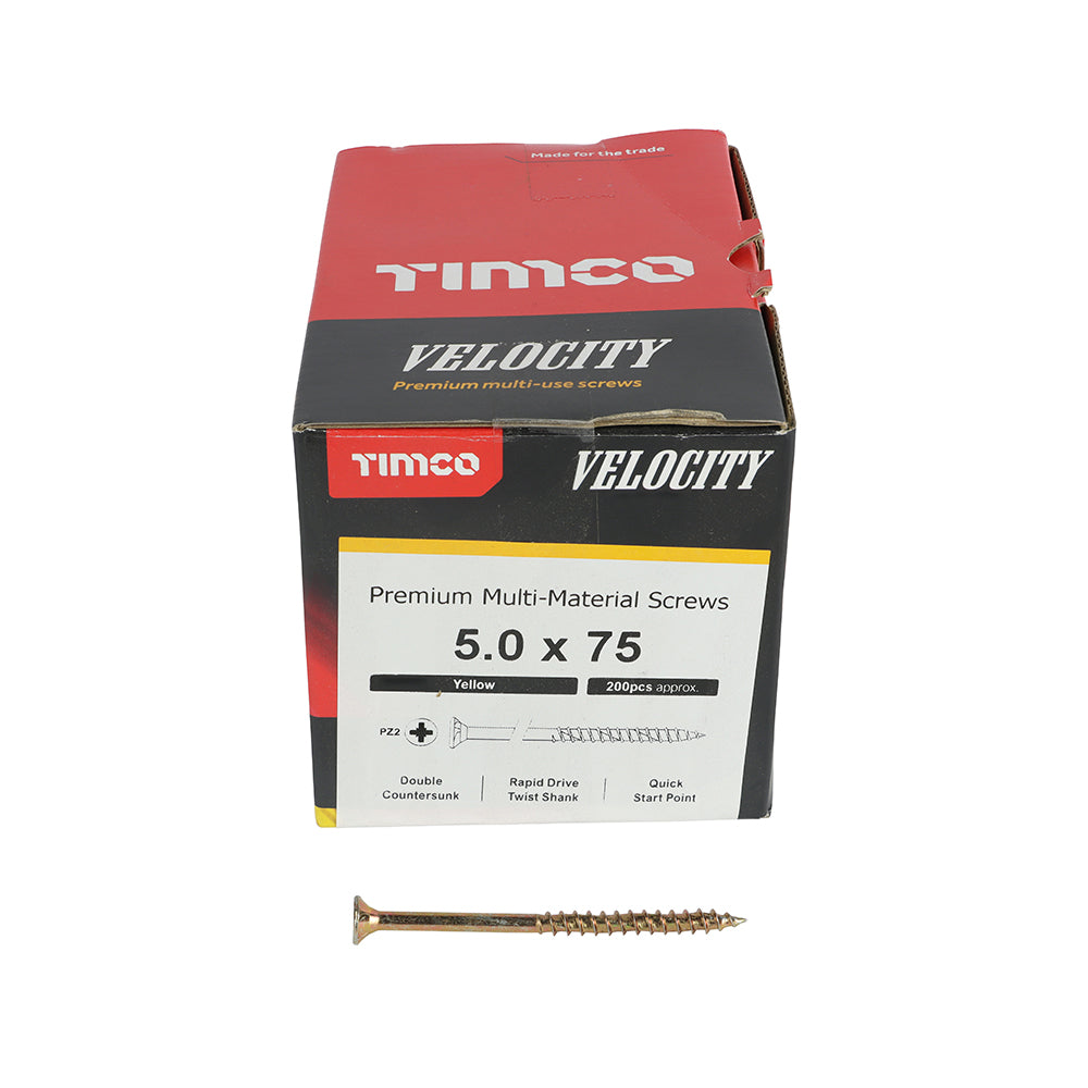 This is an image showing TIMCO Velocity Premium Multi-Use Screws - PZ - Double Countersunk - Yellow
- 5.0 x 75 - 200 Pieces Box available from T.H Wiggans Ironmongery in Kendal, quick delivery at discounted prices.