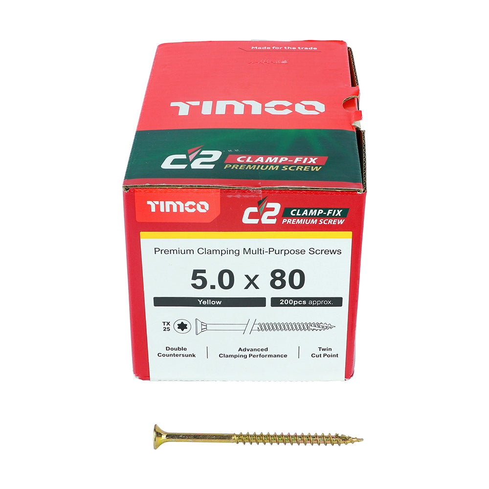 This is an image showing TIMCO C2 Clamp-Fix - TX - Double Countersunk with Ribs - Twin-Cut - Yellow - 5.0 x 80 - 200 Pieces Box available from T.H Wiggans Ironmongery in Kendal, quick delivery at discounted prices.