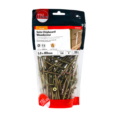 This is an image showing TIMCO Solo Woodscrews - PZ - Double Countersunk - Yellow - 5.0 x 80 - 120 Pieces TIMbag available from T.H Wiggans Ironmongery in Kendal, quick delivery at discounted prices.