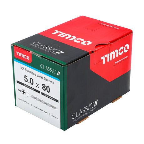 This is an image showing TIMCO Classic Multi-Purpose Screws - PZ - Double Countersunk - A2 Stainless Steel
 - 5.0 x 80 - 200 Pieces Box available from T.H Wiggans Ironmongery in Kendal, quick delivery at discounted prices.