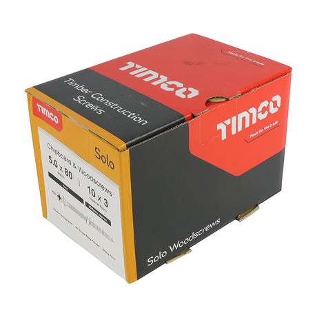 This is an image showing TIMCO Solo Chipboard & Woodscrews - PZ - Double Countersunk - Zinc - 5.0 x 80 - 200 Pieces Box available from T.H Wiggans Ironmongery in Kendal, quick delivery at discounted prices.