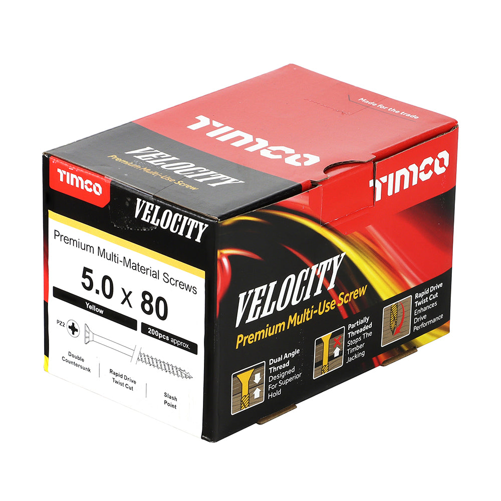 This is an image showing TIMCO Velocity Premium Multi-Use Screws - PZ - Double Countersunk - Yellow
- 5.0 x 80 - 200 Pieces Box available from T.H Wiggans Ironmongery in Kendal, quick delivery at discounted prices.