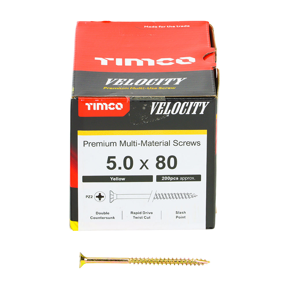 This is an image showing TIMCO Velocity Premium Multi-Use Screws - PZ - Double Countersunk - Yellow
- 5.0 x 80 - 200 Pieces Box available from T.H Wiggans Ironmongery in Kendal, quick delivery at discounted prices.
