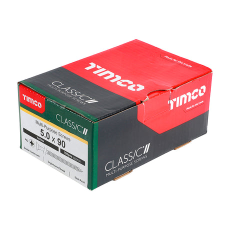 This is an image showing TIMCO Classic Multi-Purpose Screws - PZ - Double Countersunk - Yellow - 5.0 x 90 - 100 Pieces Box available from T.H Wiggans Ironmongery in Kendal, quick delivery at discounted prices.