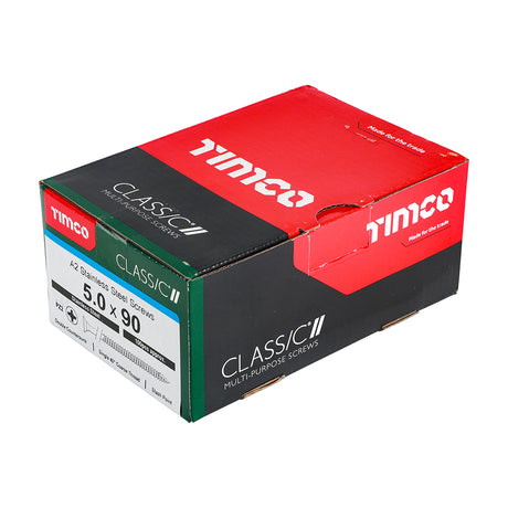 This is an image showing TIMCO Classic Multi-Purpose Screws - PZ - Double Countersunk - A2 Stainless Steel
 - 5.0 x 90 - 100 Pieces Box available from T.H Wiggans Ironmongery in Kendal, quick delivery at discounted prices.