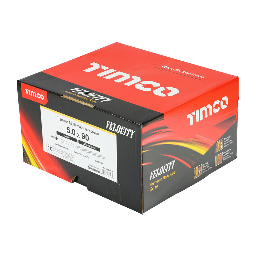 This is an image showing TIMCO Velocity Premium Multi-Use Screws - PZ - Double Countersunk - Yellow - 5.0 x 90 - 1000 Pieces Box available from T.H Wiggans Ironmongery in Kendal, quick delivery at discounted prices.