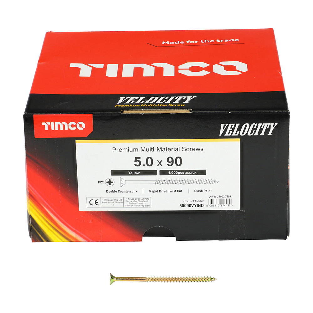 This is an image showing TIMCO Velocity Premium Multi-Use Screws - PZ - Double Countersunk - Yellow - 5.0 x 90 - 1000 Pieces Box available from T.H Wiggans Ironmongery in Kendal, quick delivery at discounted prices.