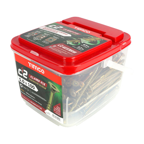 This is an image showing TIMCO C2 Clamp-Fix - TX - Double Countersunk with Ribs - Twin-Cut - Yellow - 5.0 x 100 - 300 Pieces Tub available from T.H Wiggans Ironmongery in Kendal, quick delivery at discounted prices.