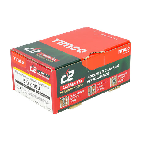 This is an image showing TIMCO C2 Clamp-Fix - TX - Double Countersunk with Ribs - Twin-Cut - Yellow - 5.0 x 100 - 100 Pieces Box available from T.H Wiggans Ironmongery in Kendal, quick delivery at discounted prices.