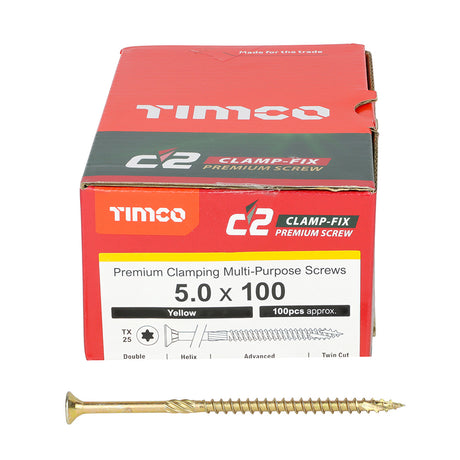 This is an image showing TIMCO C2 Clamp-Fix - TX - Double Countersunk with Ribs - Twin-Cut - Yellow - 5.0 x 100 - 100 Pieces Box available from T.H Wiggans Ironmongery in Kendal, quick delivery at discounted prices.