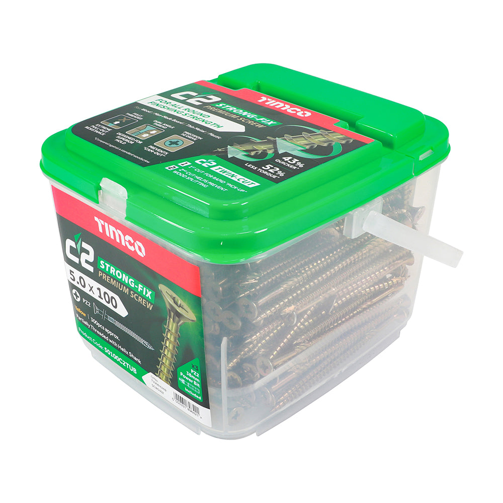 This is an image showing TIMCO C2 Strong-Fix - PZ - Double Countersunk - Twin-Cut - Yellow - 5.0 x 100 - 300 Pieces Tub available from T.H Wiggans Ironmongery in Kendal, quick delivery at discounted prices.