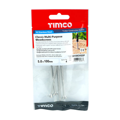 This is an image showing TIMCO Classic Multi-Purpose Screws - PZ - Double Countersunk - Stainless Steel - 5.0 x 100 - 4 Pieces TIMpac available from T.H Wiggans Ironmongery in Kendal, quick delivery at discounted prices.