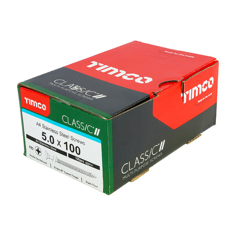 This is an image showing TIMCO Classic Multi-Purpose Screws - PZ - Double Countersunk - A4 Stainless Steel
 - 5.0 x 100 - 100 Pieces Box available from T.H Wiggans Ironmongery in Kendal, quick delivery at discounted prices.