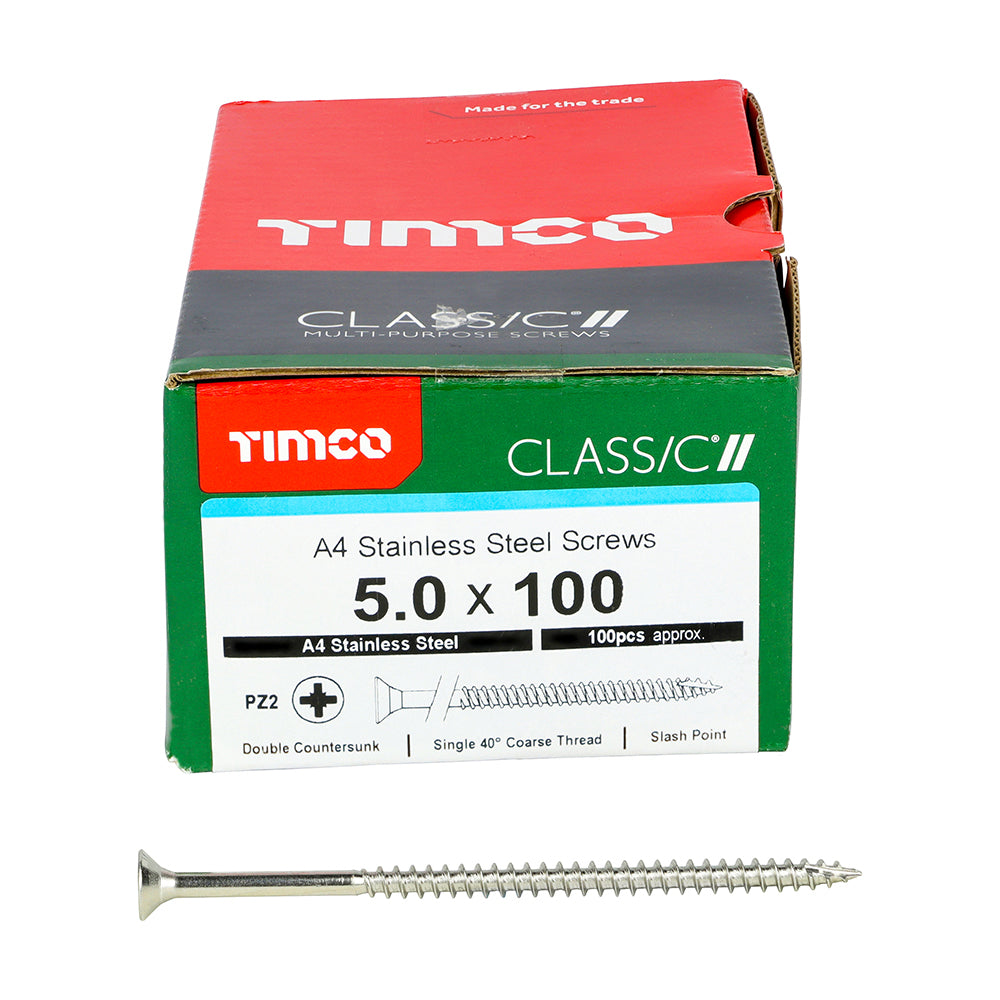 This is an image showing TIMCO Classic Multi-Purpose Screws - PZ - Double Countersunk - A4 Stainless Steel
 - 5.0 x 100 - 100 Pieces Box available from T.H Wiggans Ironmongery in Kendal, quick delivery at discounted prices.