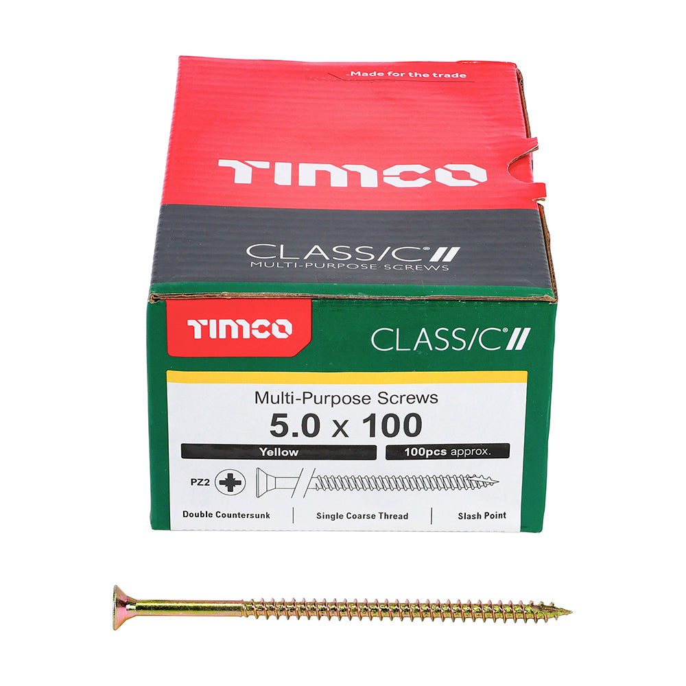 This is an image showing TIMCO Classic Multi-Purpose Screws - PZ - Double Countersunk - Yellow - 5.0 x 100 - 100 Pieces Box available from T.H Wiggans Ironmongery in Kendal, quick delivery at discounted prices.