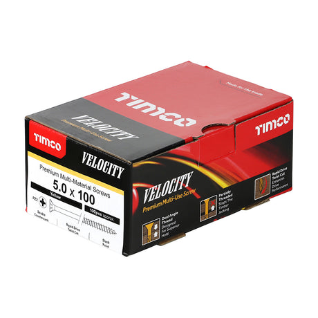 This is an image showing TIMCO Velocity Premium Multi-Use Screws - PZ - Double Countersunk - Yellow
 - 5.0 x 100 - 100 Pieces Box available from T.H Wiggans Ironmongery in Kendal, quick delivery at discounted prices.