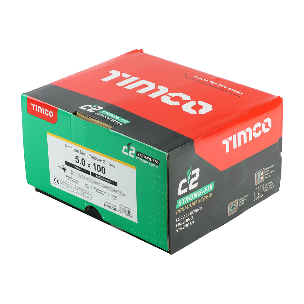 This is an image showing TIMCO C2 Strong-Fix - PZ - Double Countersunk - Twin-Cut - Yellow - 5.0 x 100 - 1000 Pieces Box available from T.H Wiggans Ironmongery in Kendal, quick delivery at discounted prices.