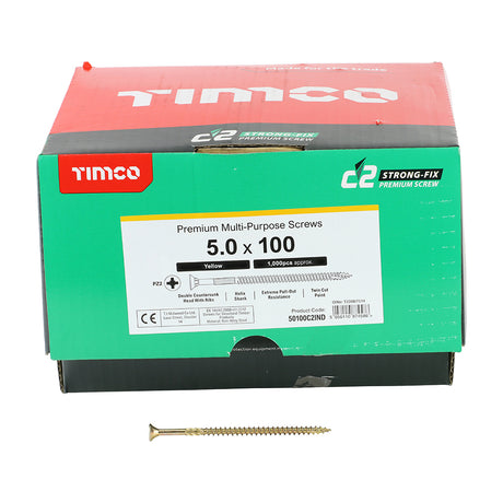 This is an image showing TIMCO C2 Strong-Fix - PZ - Double Countersunk - Twin-Cut - Yellow - 5.0 x 100 - 1000 Pieces Box available from T.H Wiggans Ironmongery in Kendal, quick delivery at discounted prices.