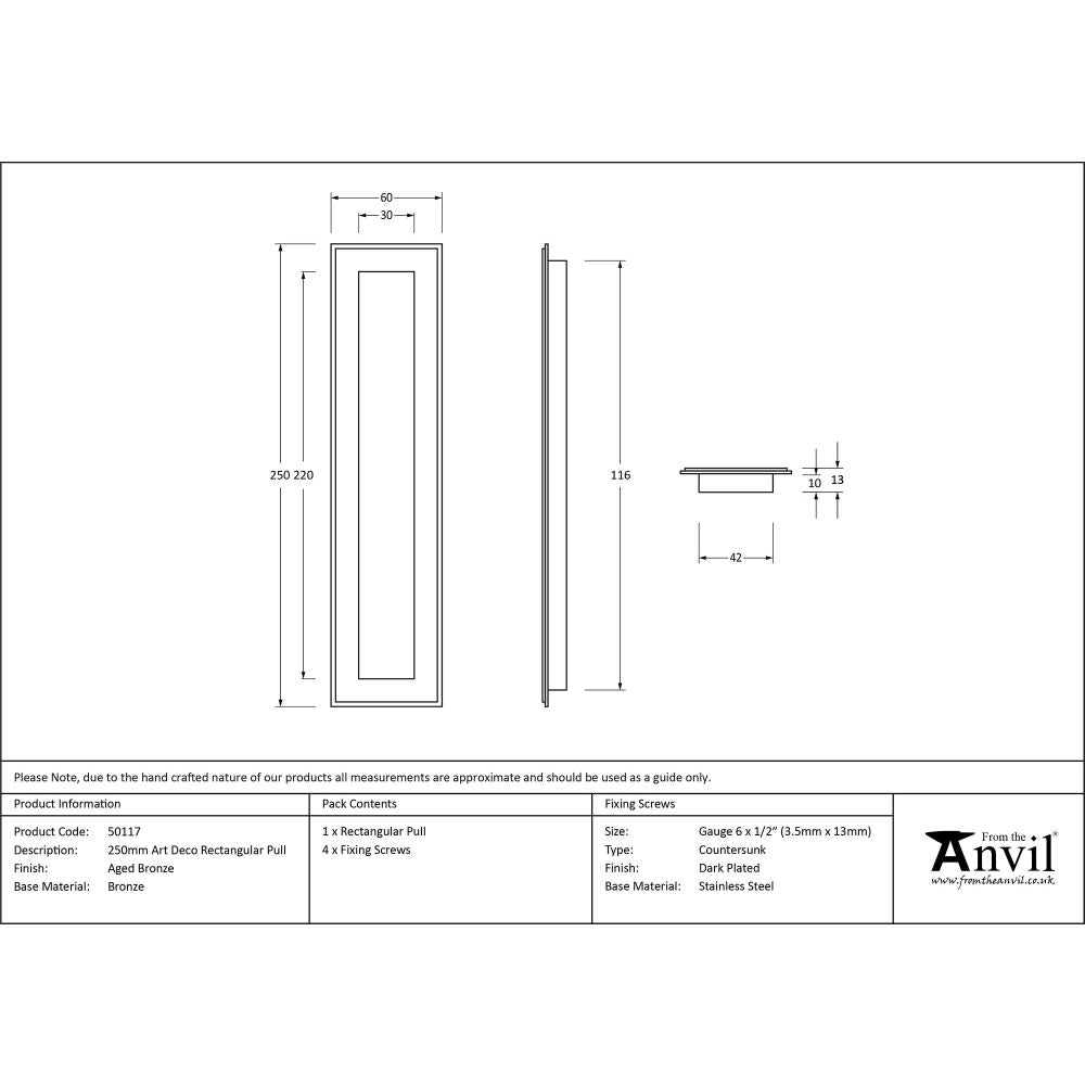 This is an image showing From The Anvil - Aged Bronze 250mm Art Deco Rectangular Pull available from trade door handles, quick delivery and discounted prices