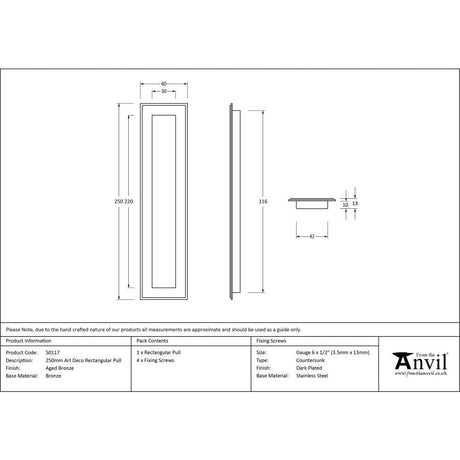 This is an image showing From The Anvil - Aged Bronze 250mm Art Deco Rectangular Pull available from trade door handles, quick delivery and discounted prices