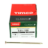 This is an image showing TIMCO Classic Multi-Purpose Screws - PZ - Double Countersunk - Yellow - 5.0 x 120 - 100 Pieces Box available from T.H Wiggans Ironmongery in Kendal, quick delivery at discounted prices.