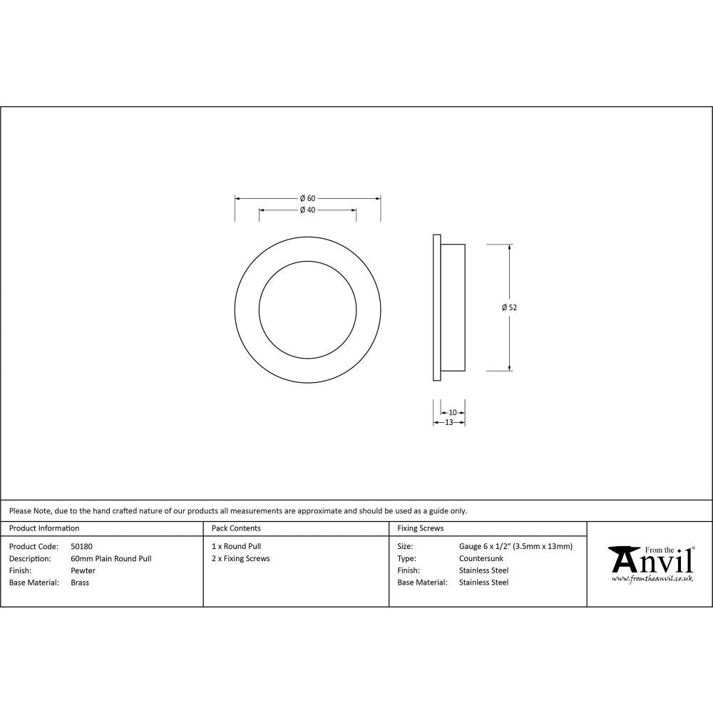 This is an image showing From The Anvil - Pewter 60mm Plain Round Pull available from trade door handles, quick delivery and discounted prices