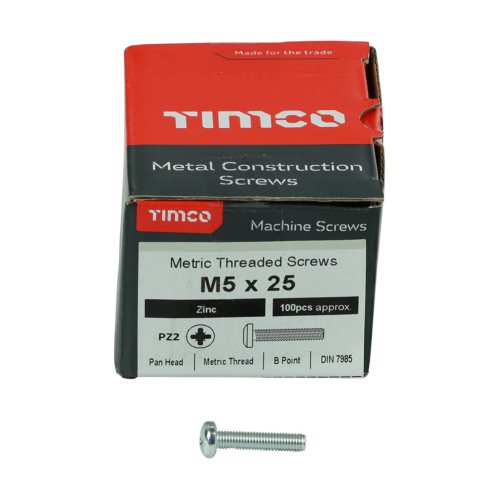 This is an image showing TIMCO Metric Threaded Machine Screws - PZ - Pan Head - Zinc - M5 x 25 - 100 Pieces Box available from T.H Wiggans Ironmongery in Kendal, quick delivery at discounted prices.