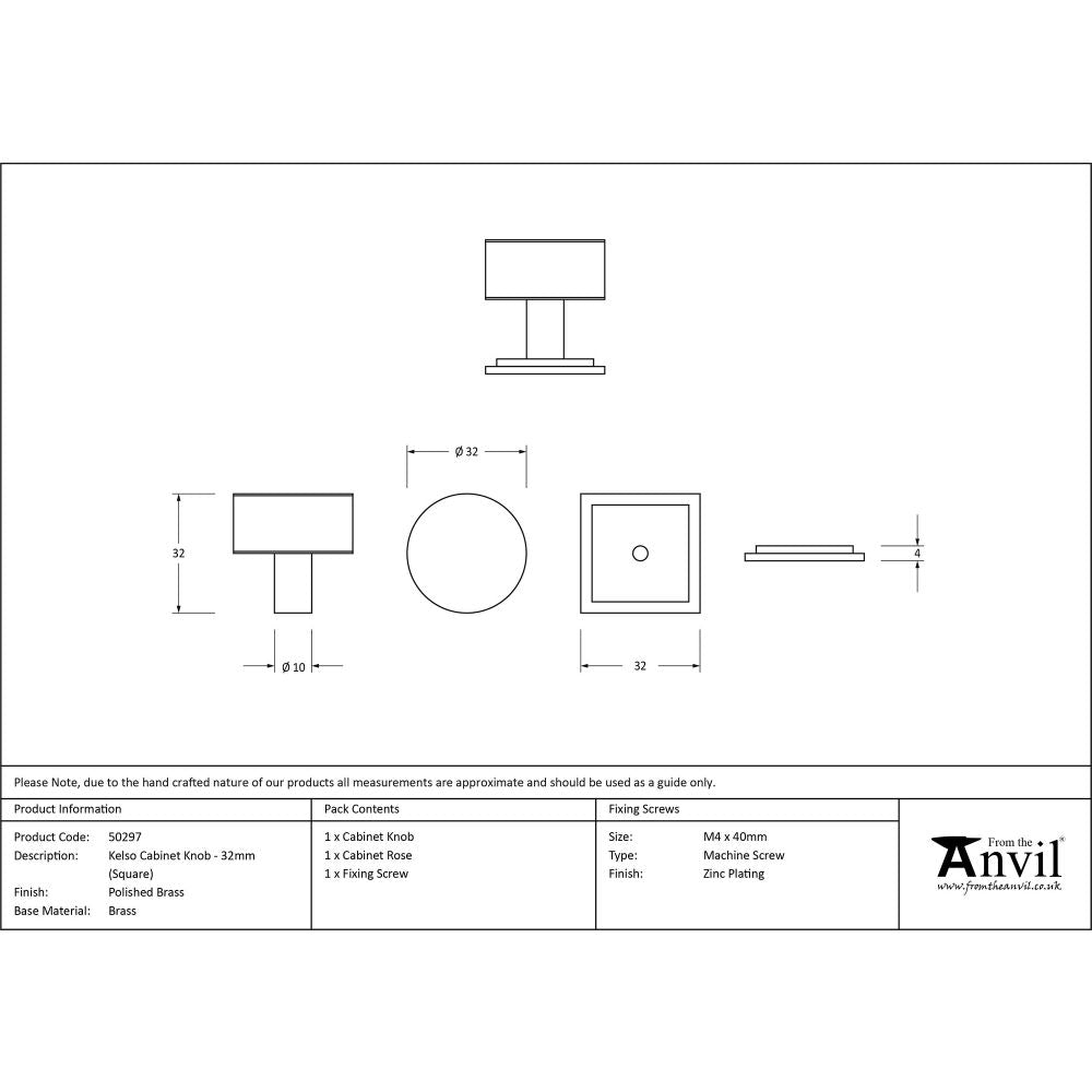 This is an image showing From The Anvil - Polished Brass Kelso Cabinet Knob - 32mm (Square) available from trade door handles, quick delivery and discounted prices