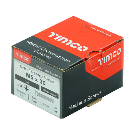 This is an image showing TIMCO Metric Threaded Machine Screws - PZ - Countersunk - Zinc - M5 x 30 - 100 Pieces Box available from T.H Wiggans Ironmongery in Kendal, quick delivery at discounted prices.