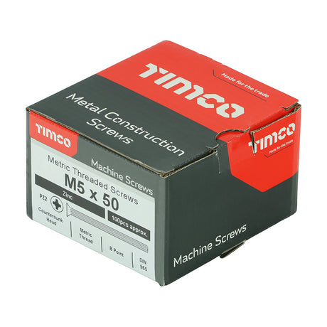 This is an image showing TIMCO Metric Threaded Machine Screws - PZ - Countersunk - Zinc - M5 x 50 - 100 Pieces Box available from T.H Wiggans Ironmongery in Kendal, quick delivery at discounted prices.