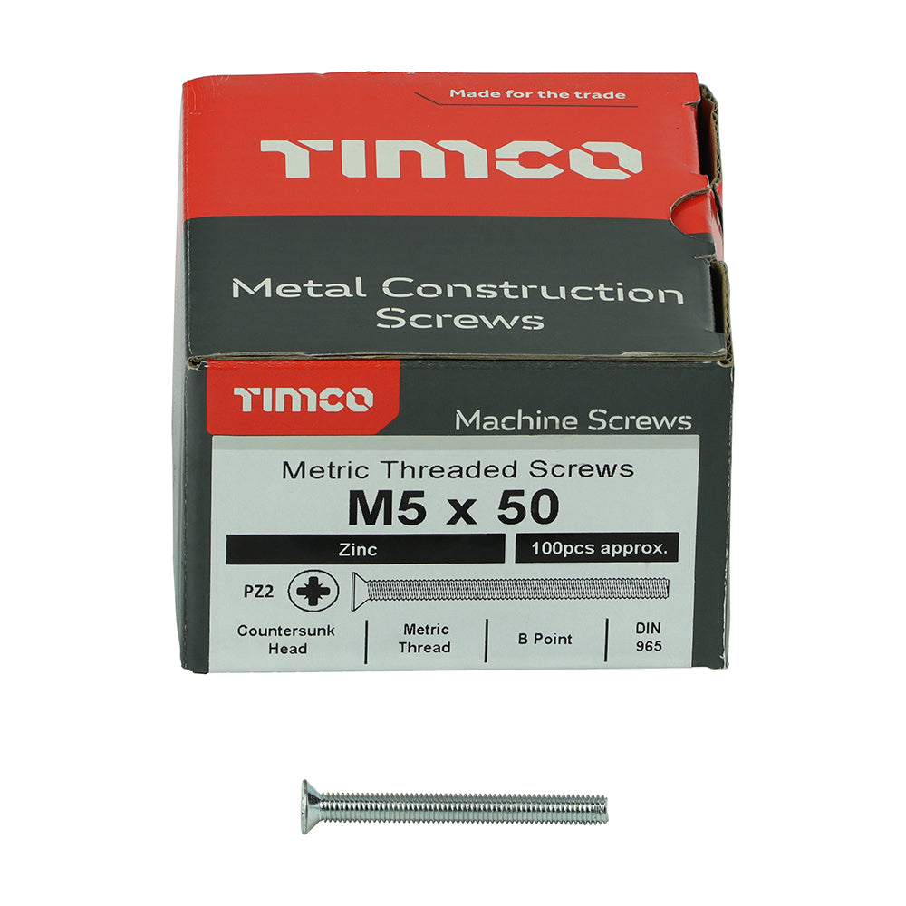 This is an image showing TIMCO Metric Threaded Machine Screws - PZ - Countersunk - Zinc - M5 x 50 - 100 Pieces Box available from T.H Wiggans Ironmongery in Kendal, quick delivery at discounted prices.
