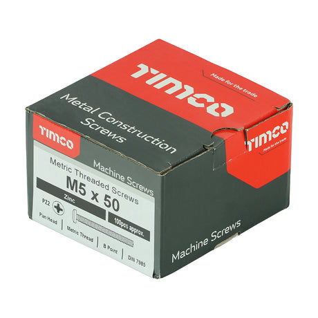 This is an image showing TIMCO Metric Threaded Machine Screws - PZ - Pan Head - Zinc - M5 x 50 - 100 Pieces Box available from T.H Wiggans Ironmongery in Kendal, quick delivery at discounted prices.