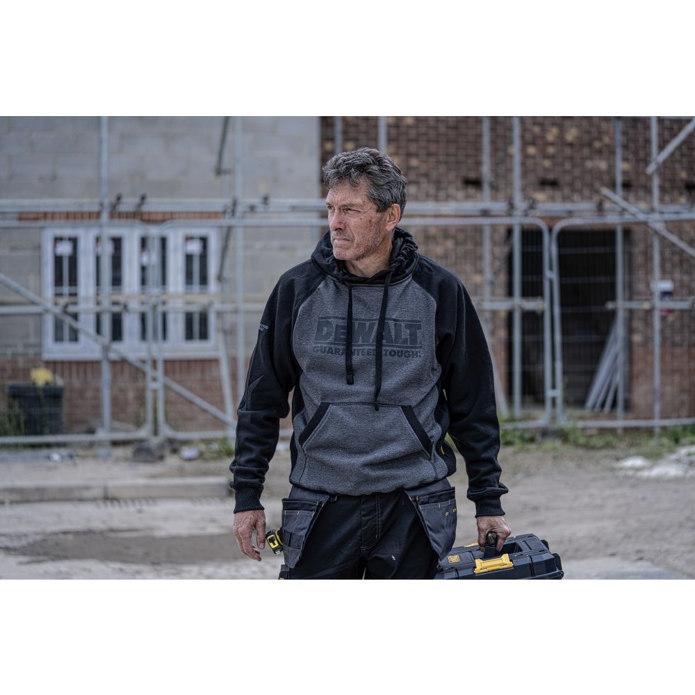 This is an image of DeWalt - Grey Marl/Black Hooded Sweatshirt Stratford M available to order from T.H Wiggans Architectural Ironmongery in Kendal, quick delivery and discounted prices.