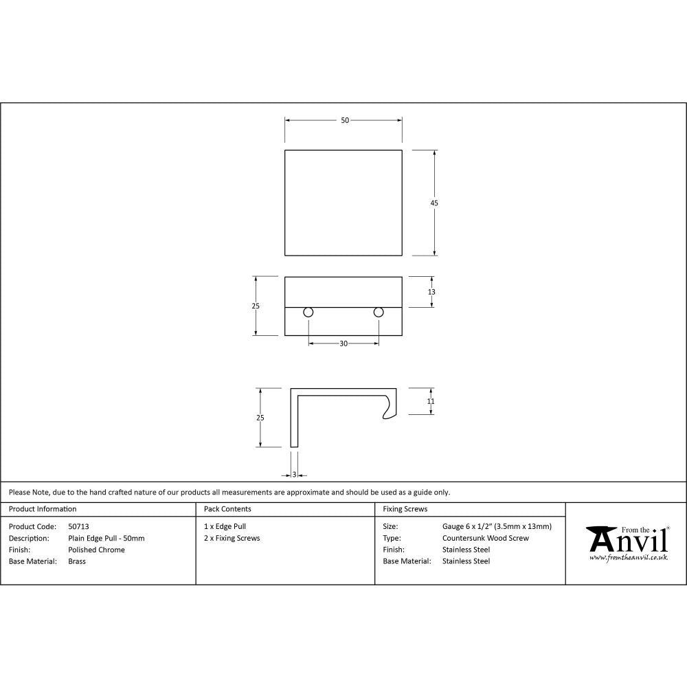This is an image showing From The Anvil - Polished Chrome 50mm Plain Edge Pull available from trade door handles, quick delivery and discounted prices