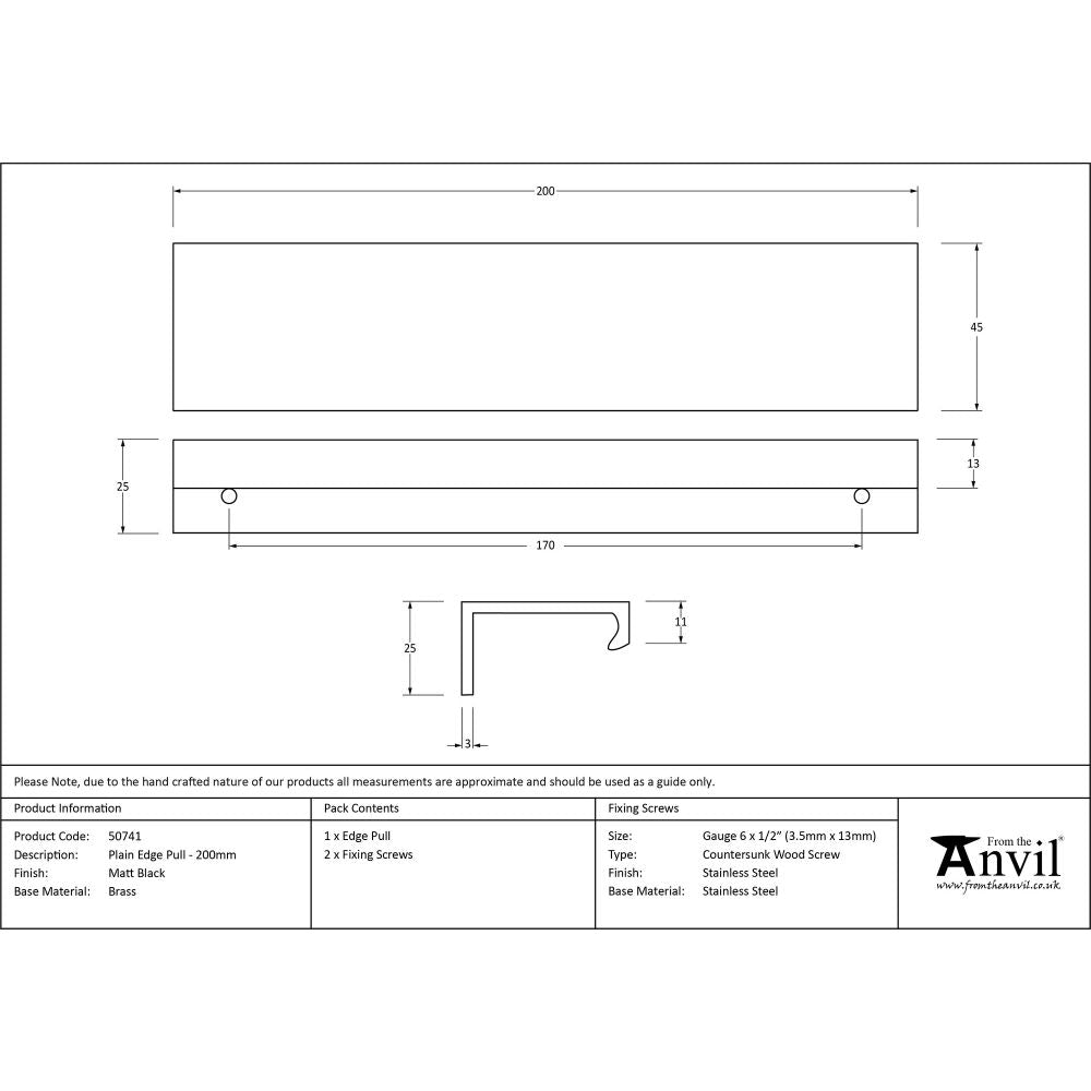 This is an image showing From The Anvil - Matt Black 200mm Plain Edge Pull available from trade door handles, quick delivery and discounted prices