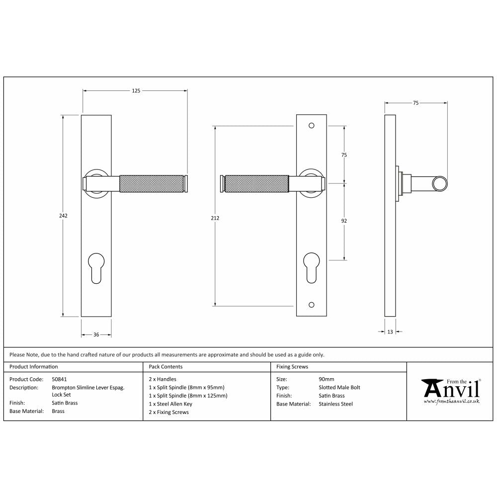 This is an image showing From The Anvil - Satin Brass Brompton Slimline Lever Espag. Lock Set available from trade door handles, quick delivery and discounted prices