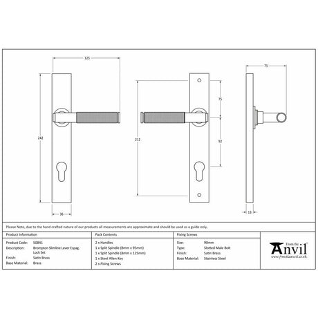 This is an image showing From The Anvil - Satin Brass Brompton Slimline Lever Espag. Lock Set available from trade door handles, quick delivery and discounted prices