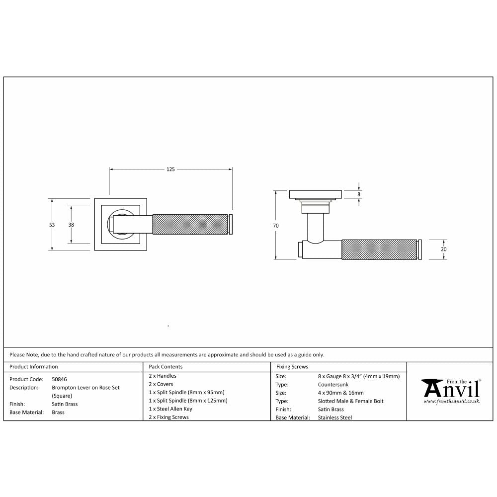 This is an image showing From The Anvil - Satin Brass Brompton Lever on Rose Set (Square) available from trade door handles, quick delivery and discounted prices